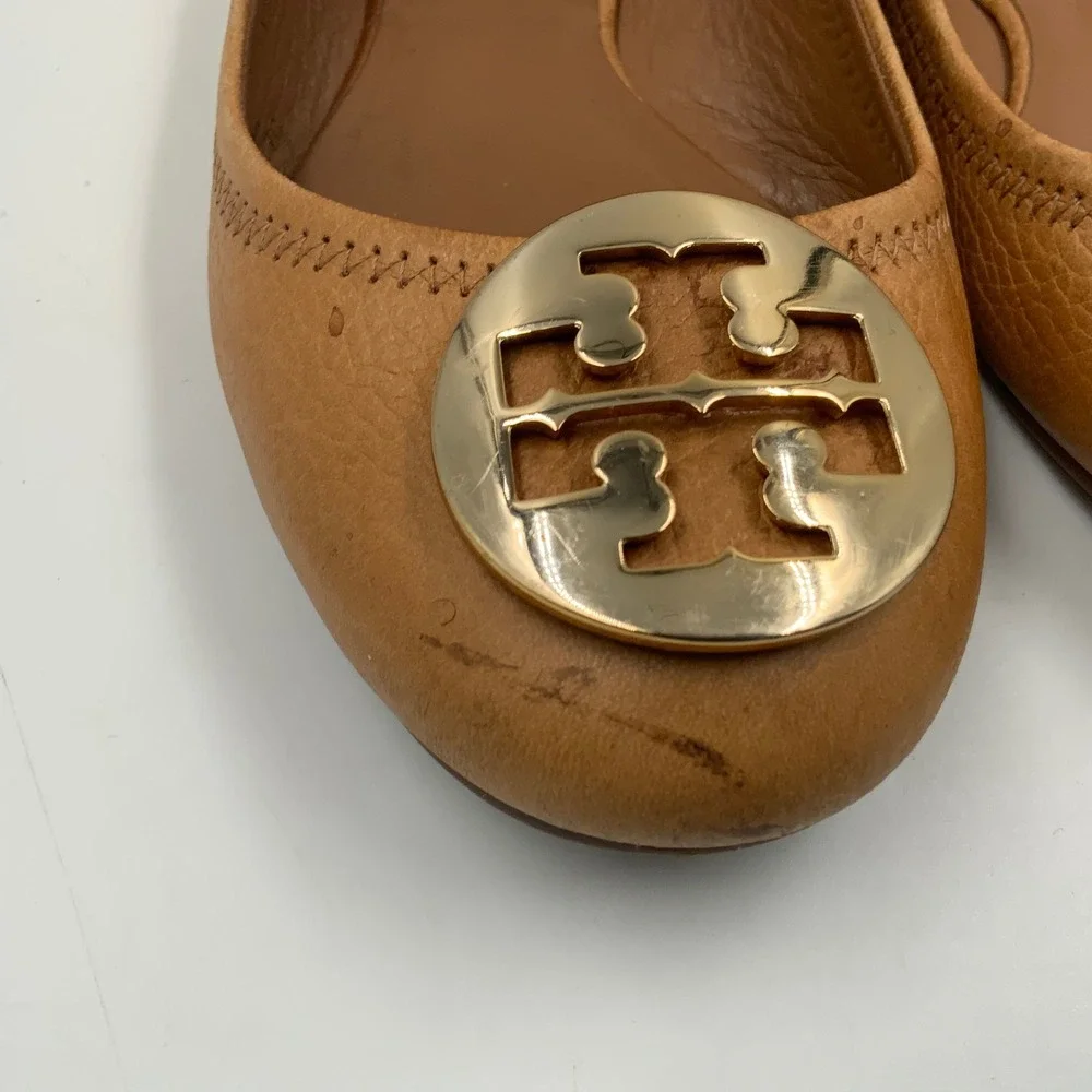 Tory Burch Tan Leather Ballet Flats with Gold Logo Medallion - Classic